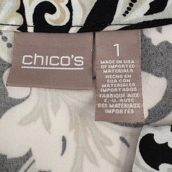 Chicos Women's Paisley V-Neck Blouse Size 1 Medium Black & White 3/4 sleeves - Picture 2 of 5